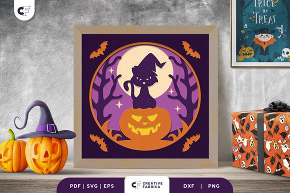 Witch Cat on a Pumpkin 3D Shadow Box